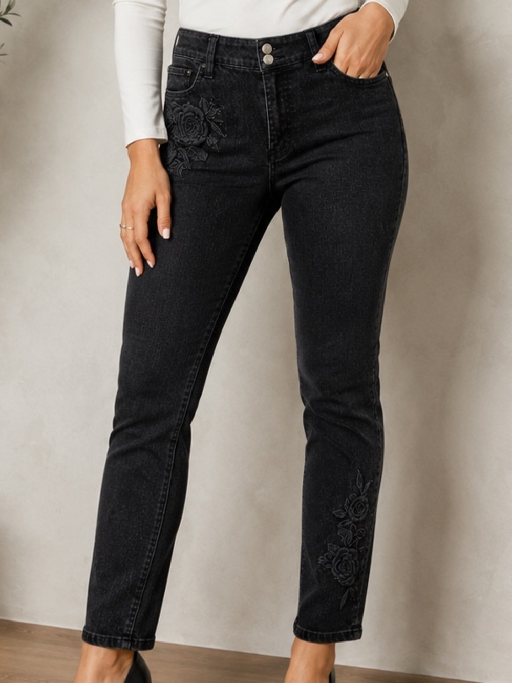Lauren Ralph Lauren Premier Skinny Jeans Floral Embroidered Black Size 8